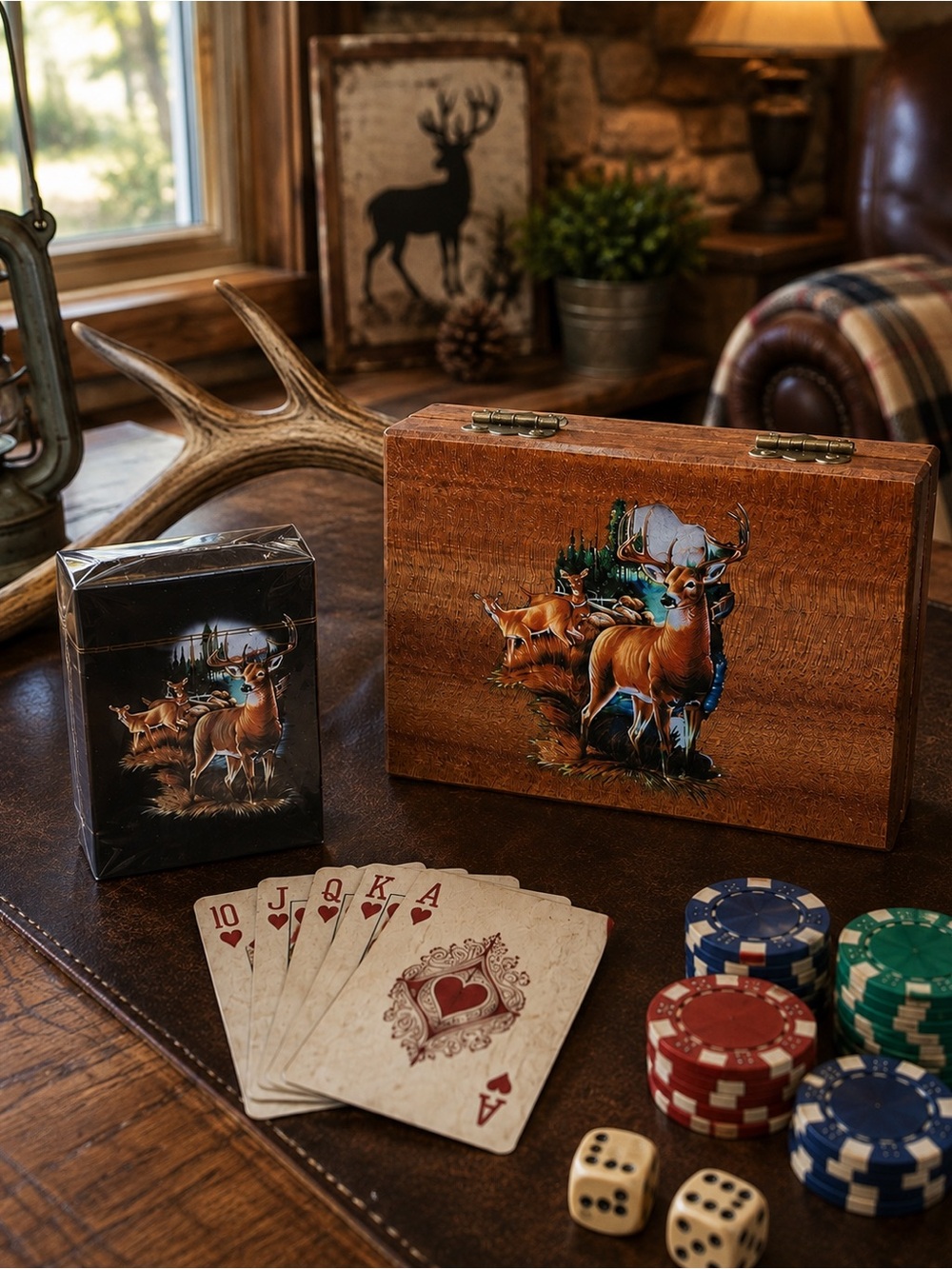 Vintage Whitetail Deer Playing Cards Wood Box Sealed Deck Hunting Lodge Decor